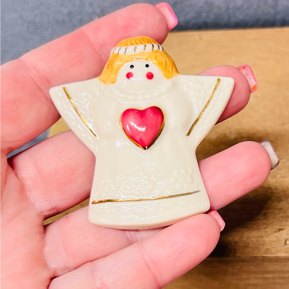 Ceramic Angel Brooch with‎ Pink Heart and Gold Accents